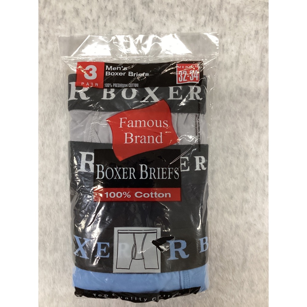 Famous Brand Mens Boxer Briefs 3 Pack 100% Cotton Medium 32-34 Grey Black Blue